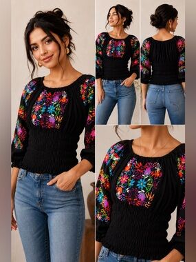 Mexican Floral Embroidered Cinco De Mayo Fitted Black Women's Top Size XS S NEW